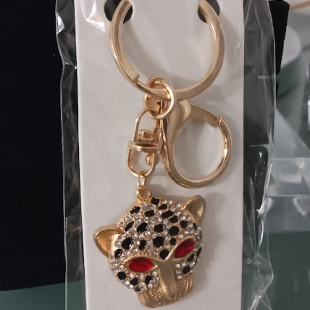 MINT Cheetah Gold Black Enamel Red & Clear Crystals Purse Charm Key Chain**NEW!